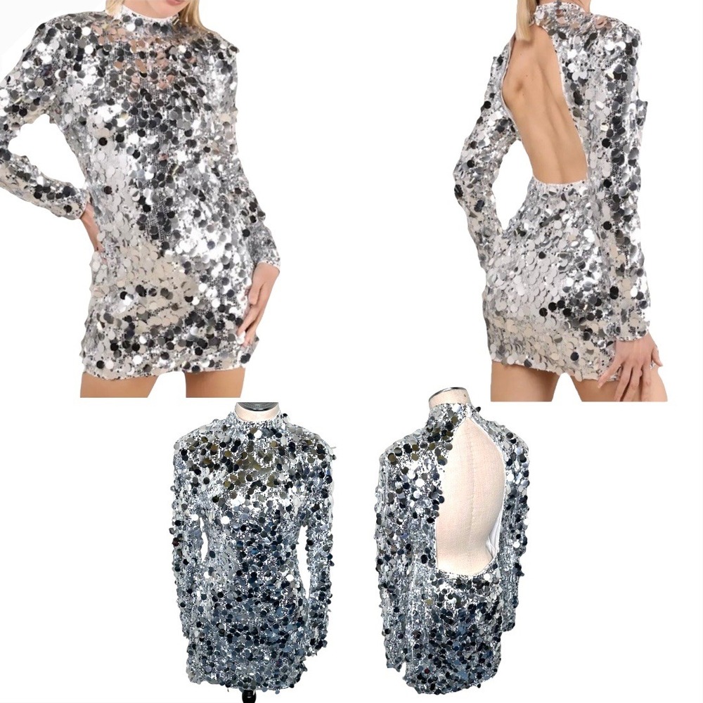 Lulus Women's M Brilliant Behavior Silver Sequin Backless Mini Dress Long Sleeve